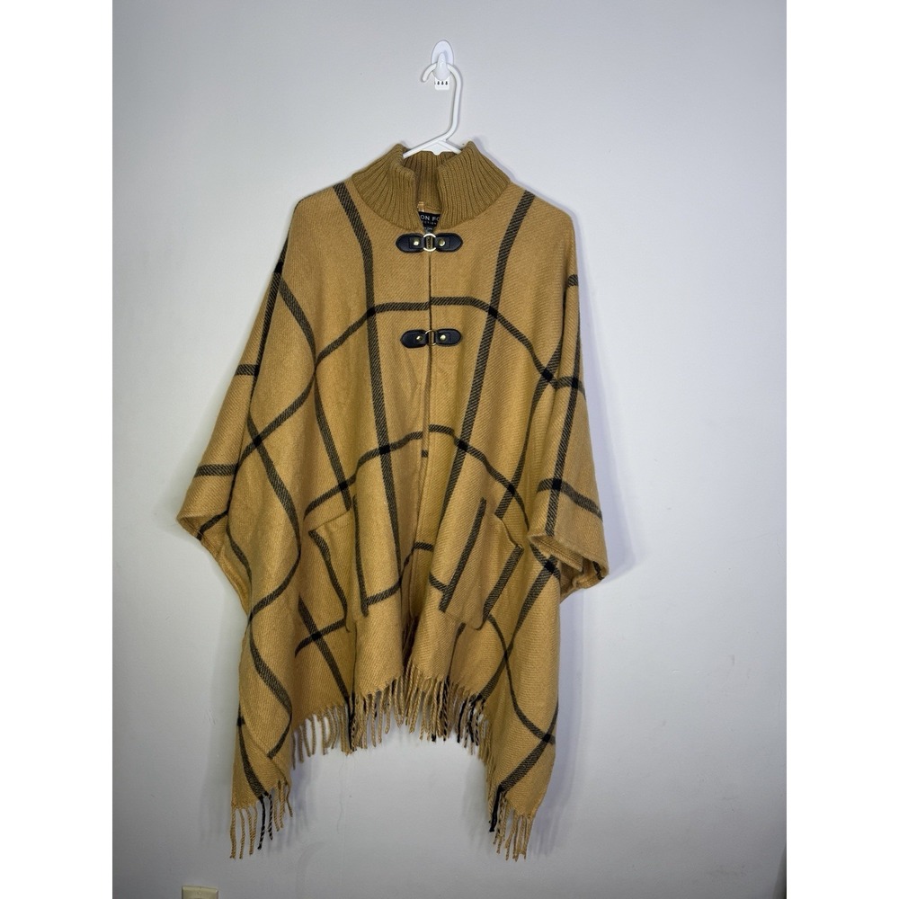 London Fog Women's Beige Plaid Toggle Fringe Oversized Long Poncho One Size